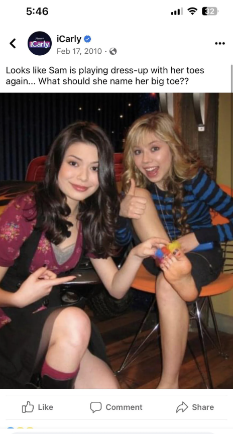 girl - iCarly . Looks Sam is playing dressup with her toes again... What should she name her big toe?? Comment
